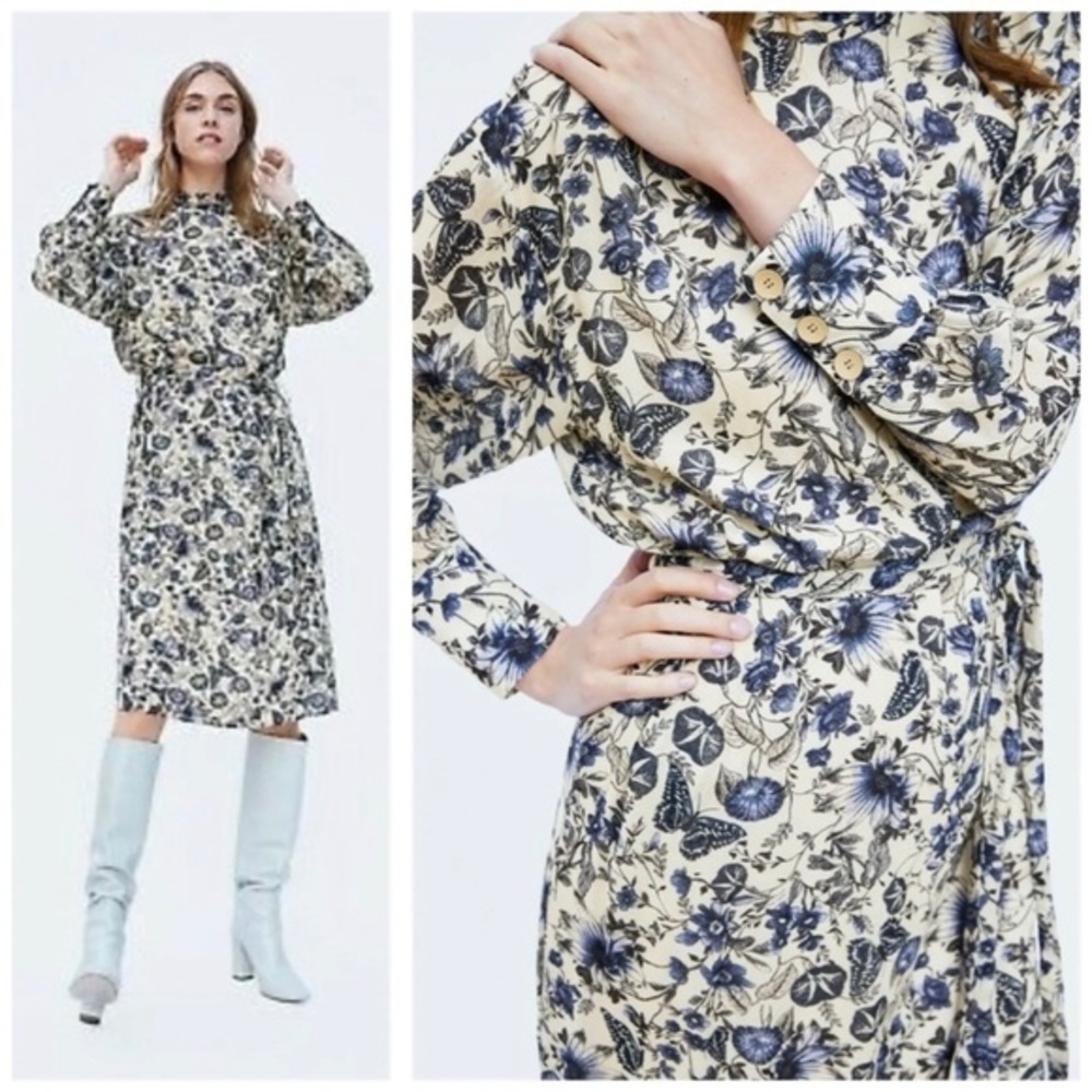 ZARA Z1975 Denim Floral Printed Midi Dress Long Sleeve, Cream & Blue